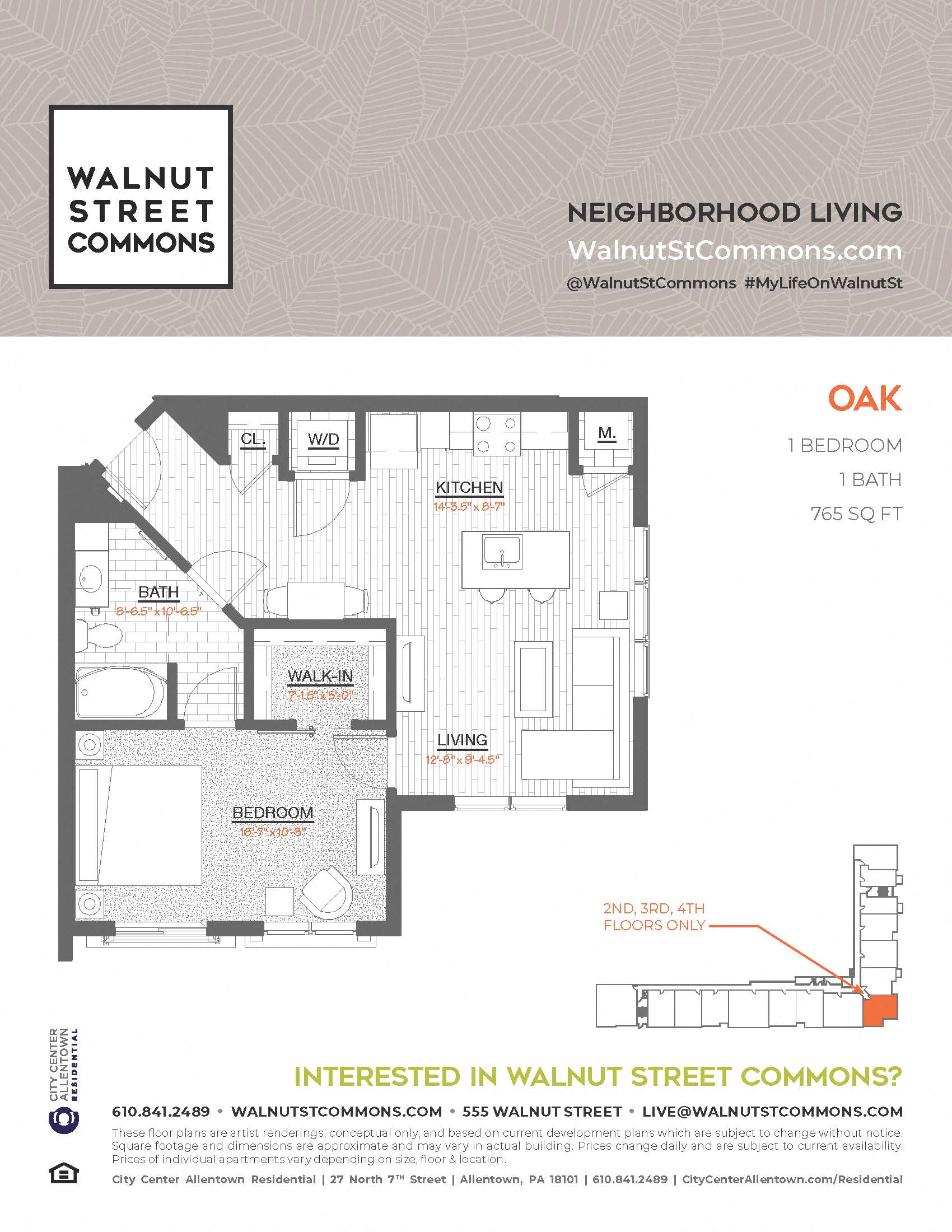 Floor plan for 1 bed, 1 bath, 765 sqft